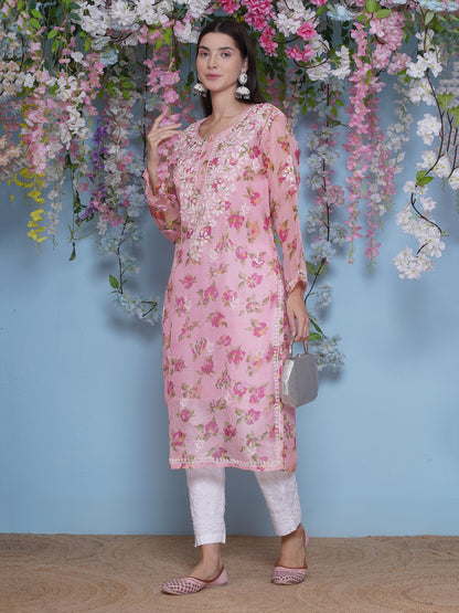 Pink Cotton Chikankari Kurti For Women
