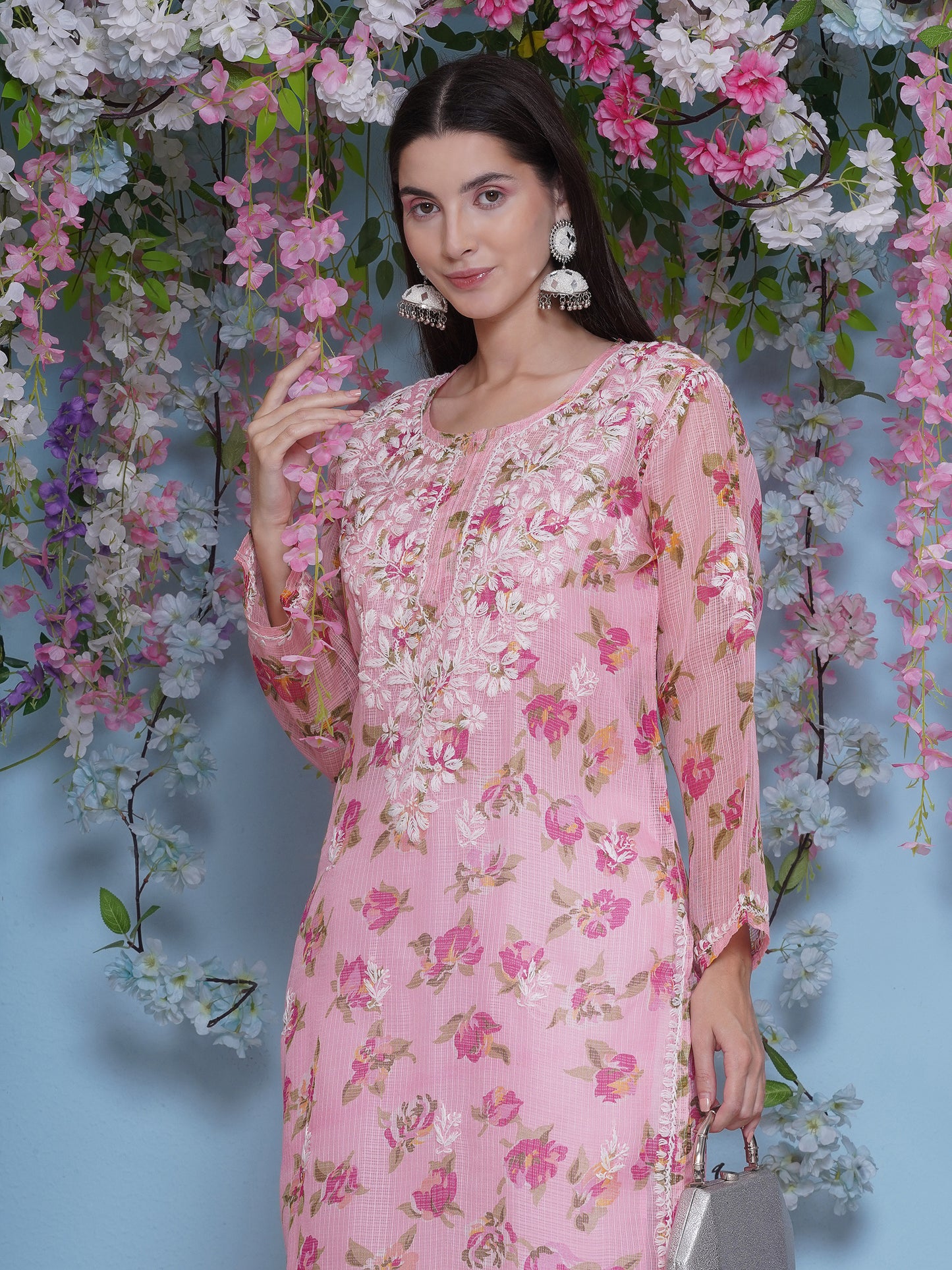 Pink Cotton Chikankari Kurti For Women