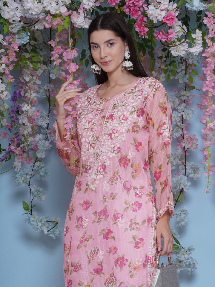 Pink Cotton Chikankari Kurti For Women