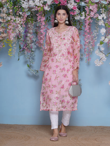 Pink Cotton Chikankari Kurti For Women