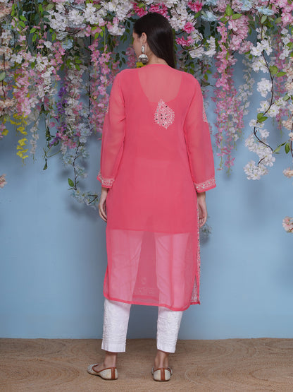 Pink Cotton Chikankari Kurti For Women