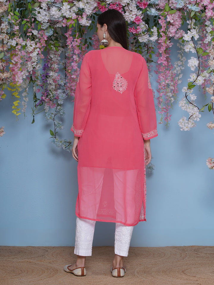 Pink Cotton Chikankari Kurti For Women