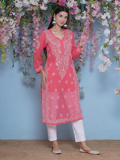 Pink Cotton Chikankari Kurti For Women