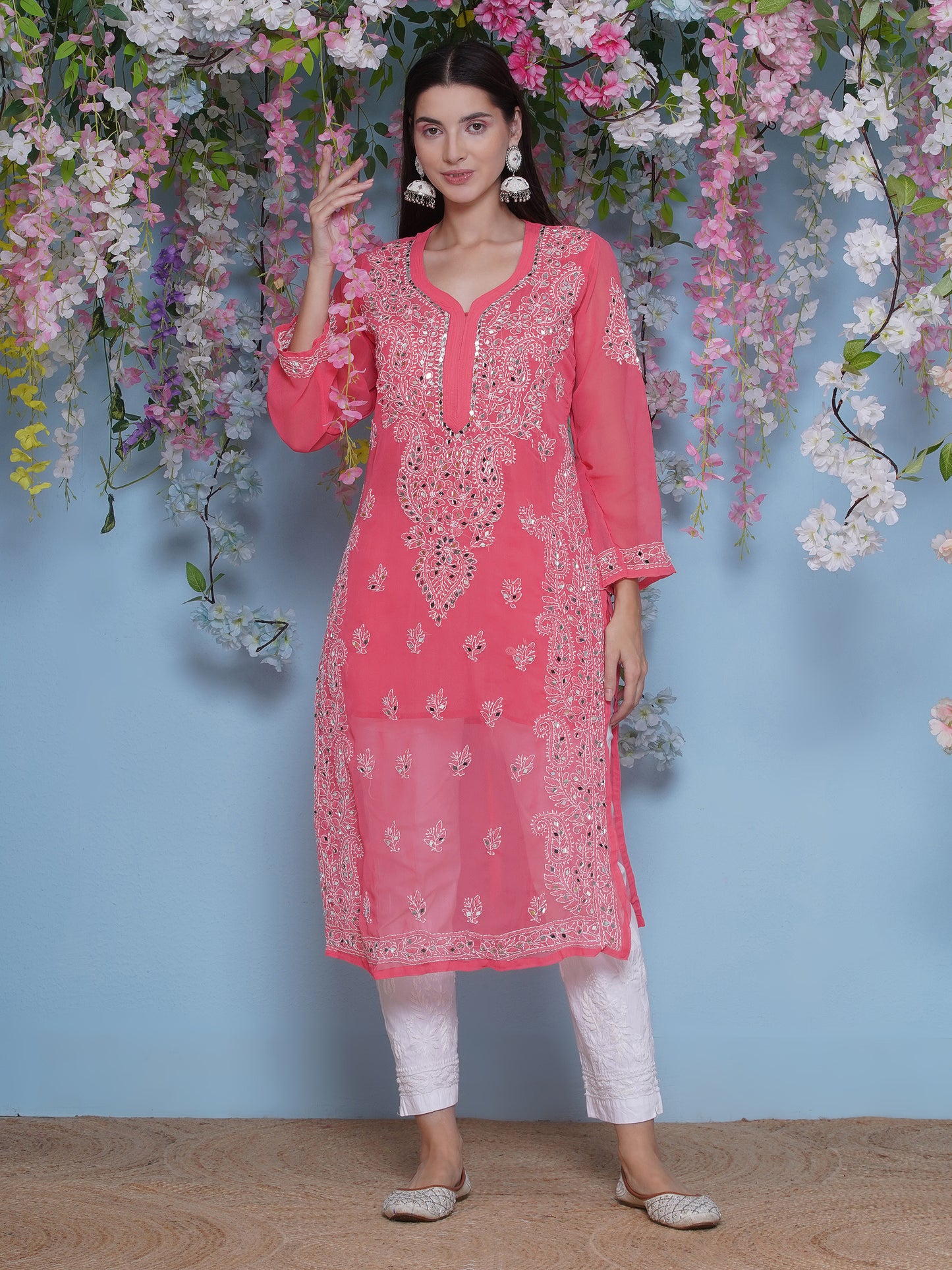 Pink Cotton Chikankari Kurti For Women