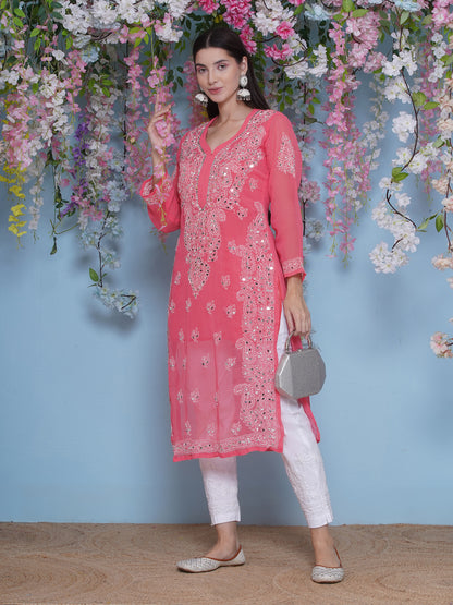 Pink Cotton Chikankari Kurti For Women