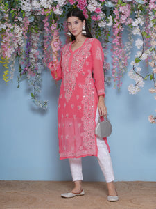 Pink Cotton Chikankari Kurti For Women