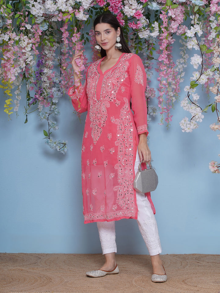 Pink Cotton Chikankari Kurti For Women