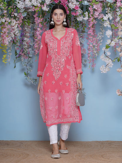 Pink Cotton Chikankari Kurti For Women