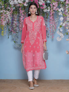 Pink Cotton Chikankari Kurti For Women
