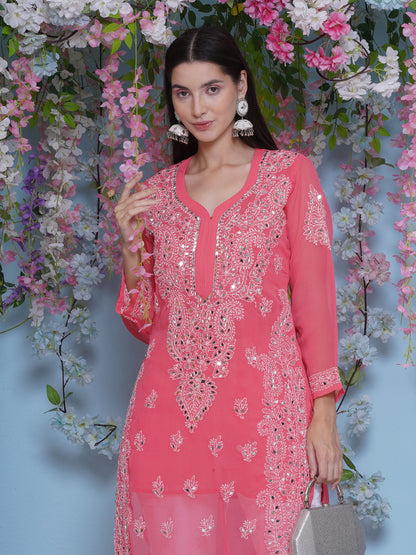 Pink Cotton Chikankari Kurti For Women
