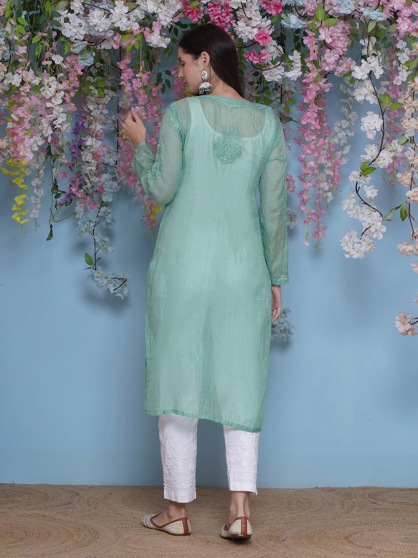 Green Cotton Chikankari Kurti For Women
