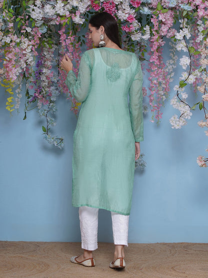 Green Cotton Chikankari Kurti For Women
