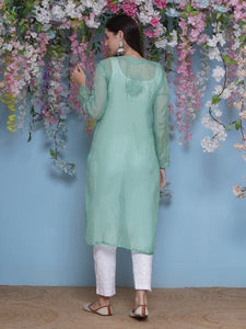 Green Cotton Chikankari Kurti For Women