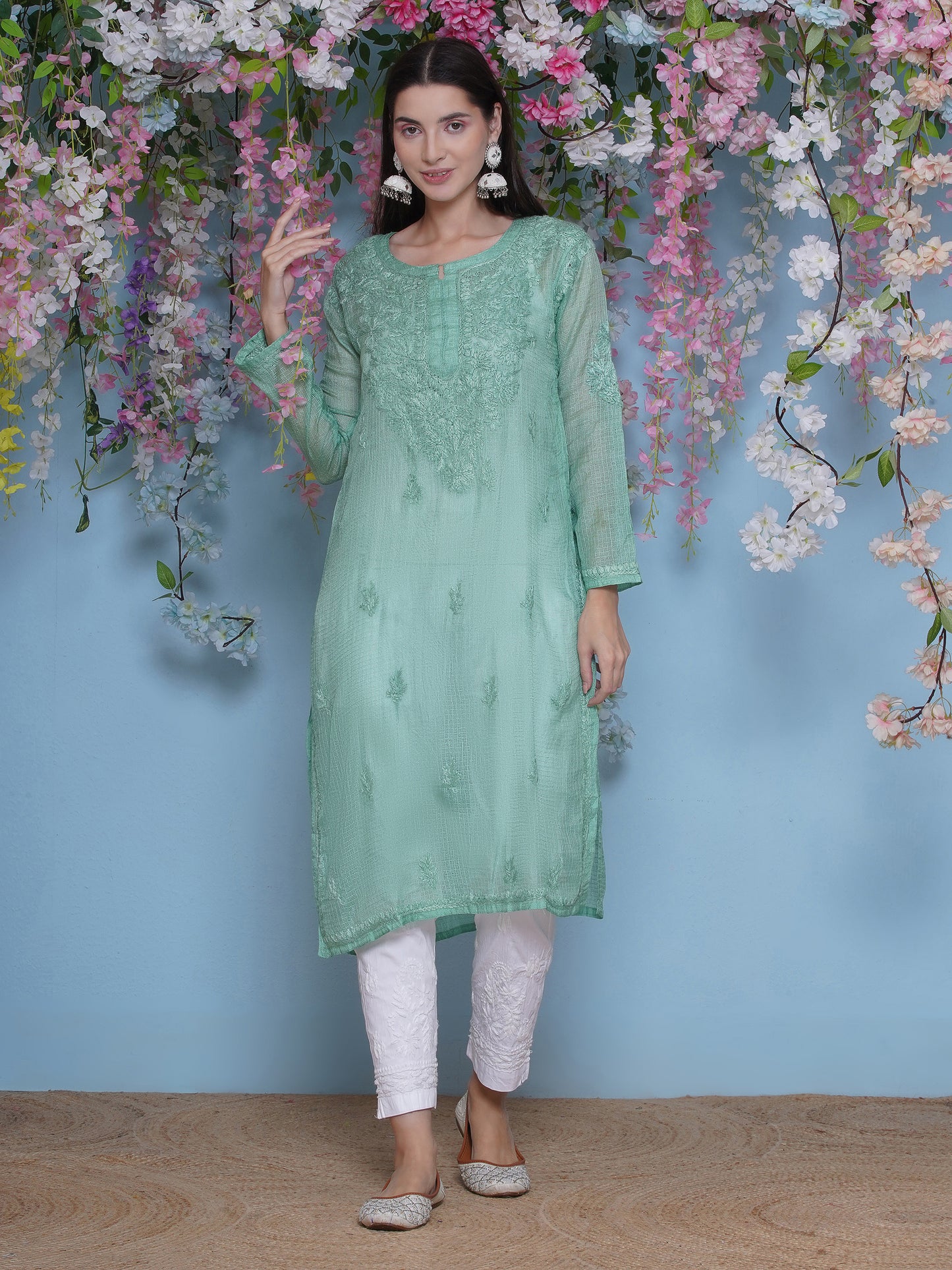 Green Cotton Chikankari Kurti For Women