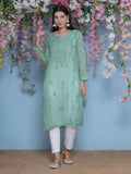 Green Cotton Chikankari Kurti For Women
