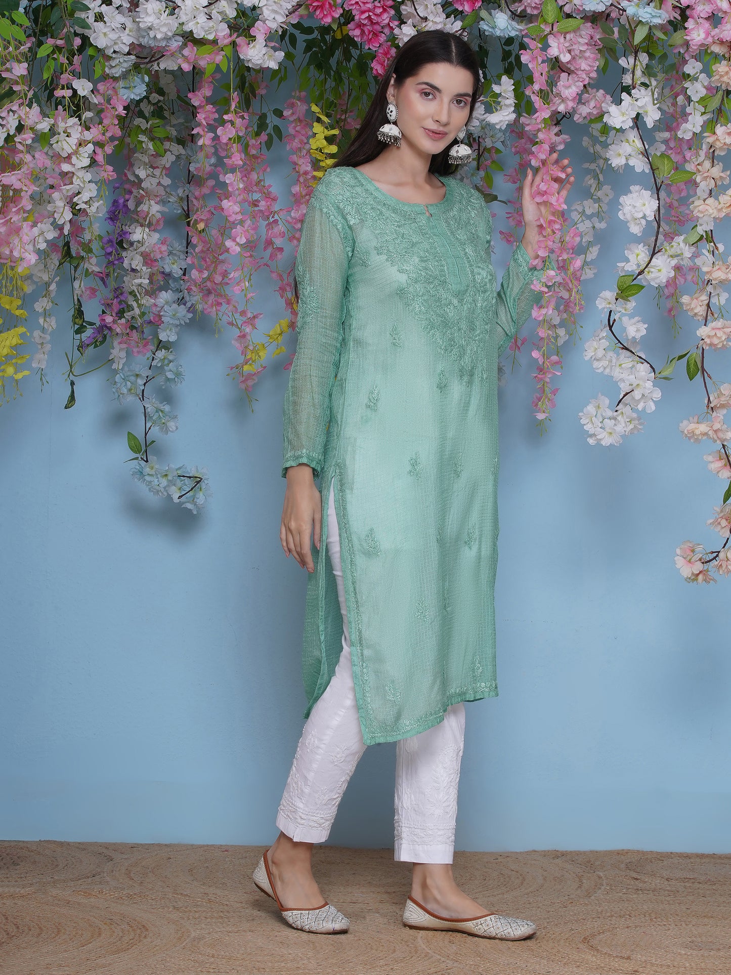 Green Cotton Chikankari Kurti For Women