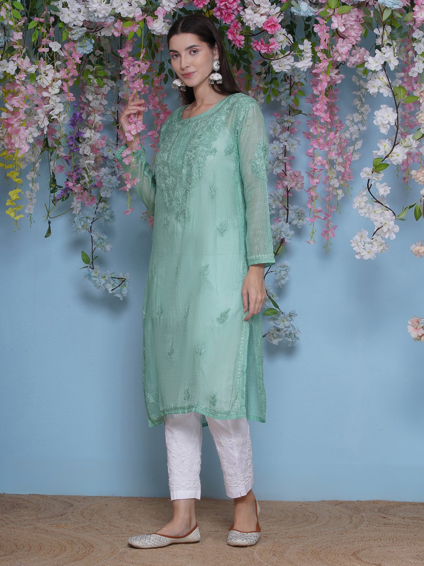 Green Cotton Chikankari Kurti For Women