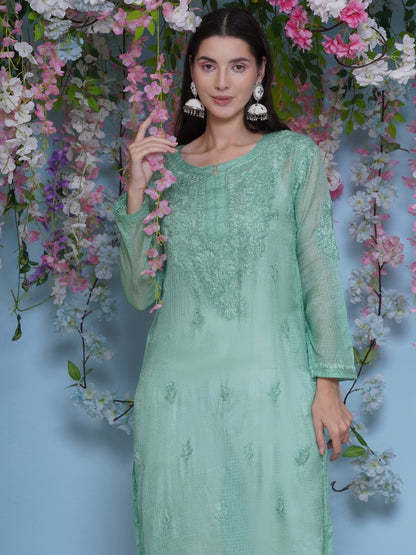 Green Cotton Chikankari Kurti For Women