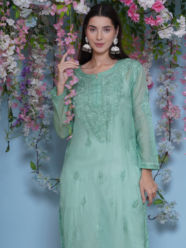 Green Cotton Chikankari Kurti For Women