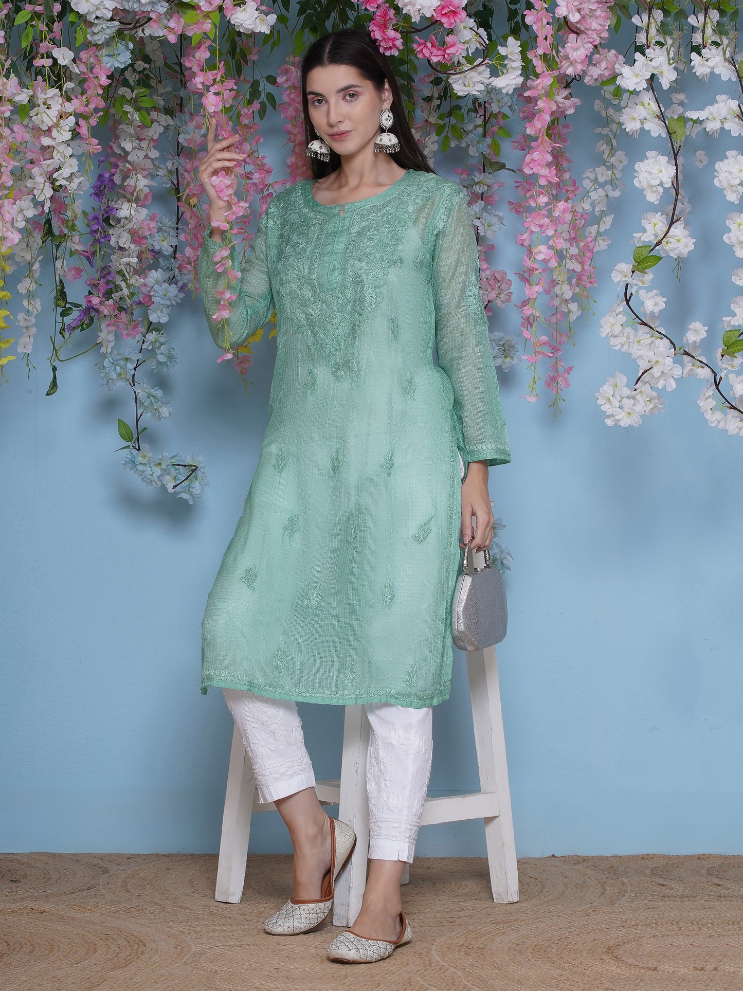 Green Cotton Chikankari Kurti For Women