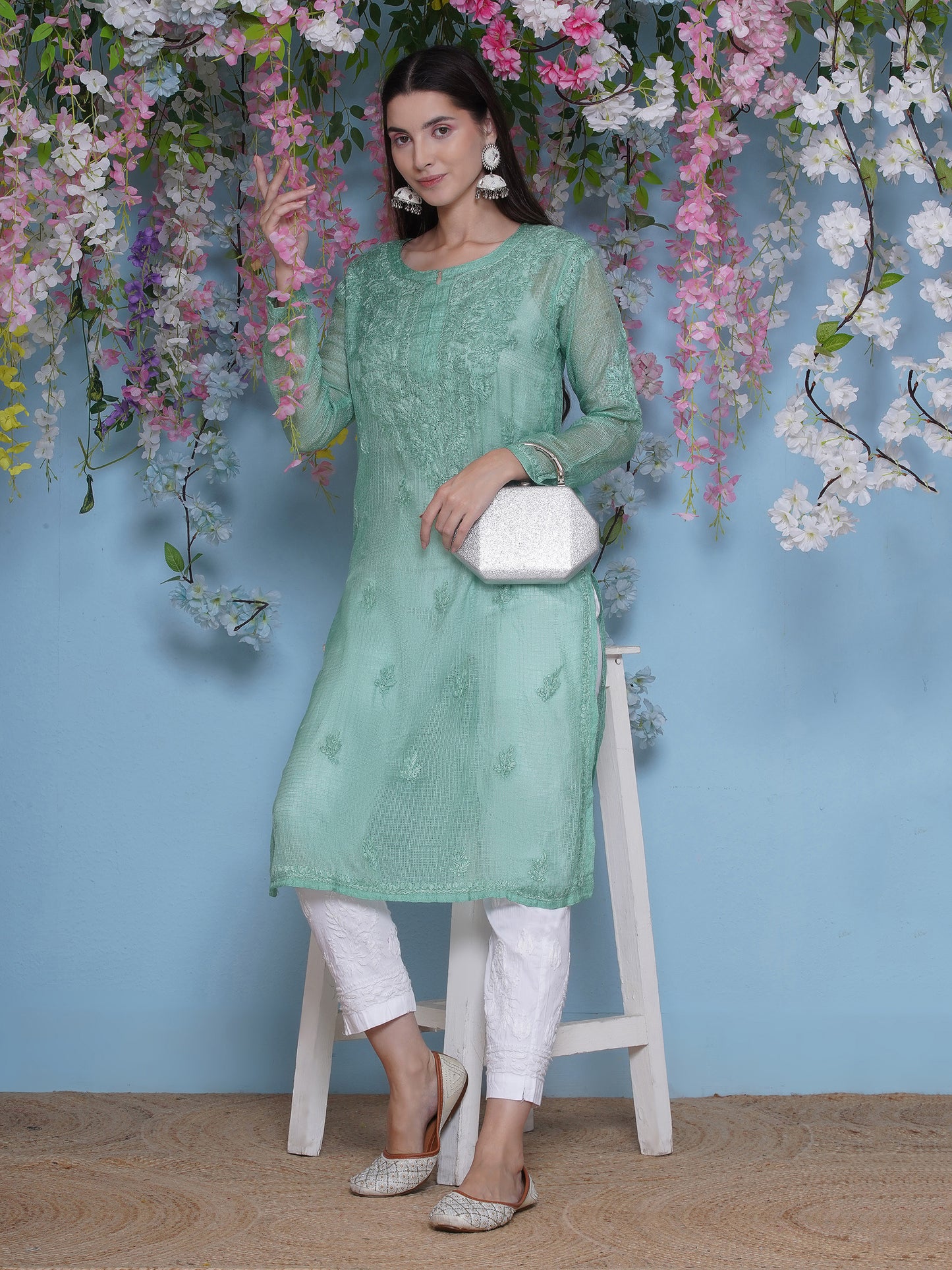 Green Cotton Chikankari Kurti For Women