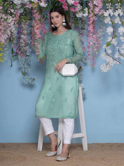 Green Cotton Chikankari Kurti For Women
