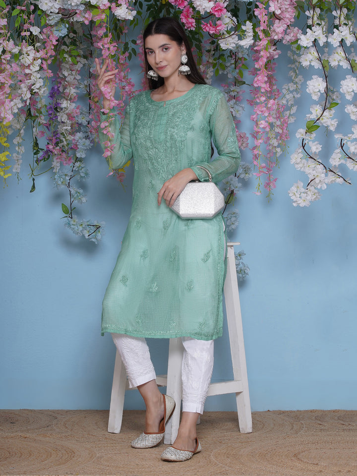 Green Cotton Chikankari Kurti For Women