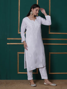 White Cotton Chikankari Kurti For Women