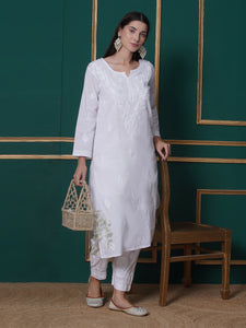 White Cotton Chikankari Kurti For Women