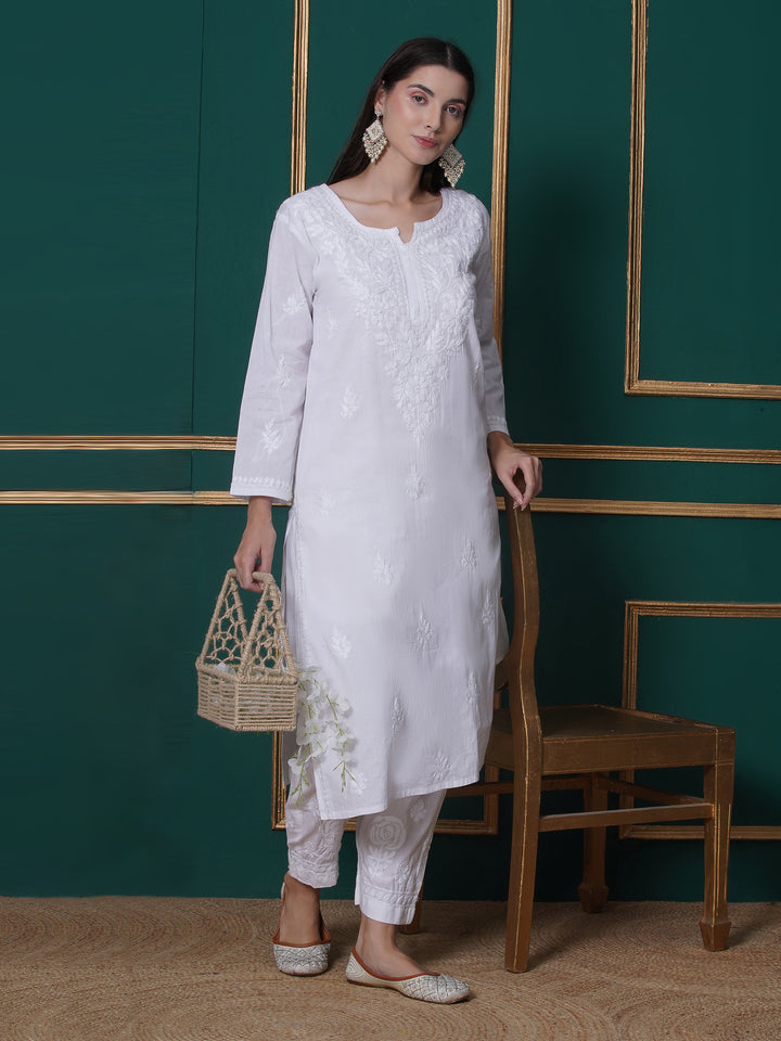 White Cotton Chikankari Kurti For Women