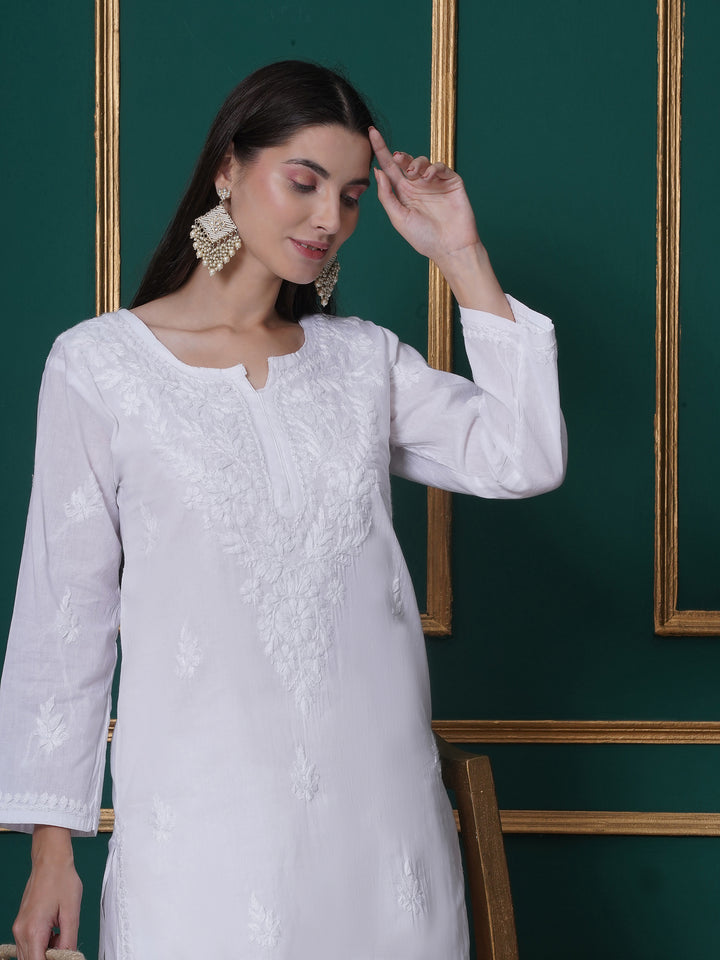 White Cotton Chikankari Kurti For Women