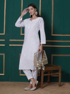 White Cotton Chikankari Kurti For Women