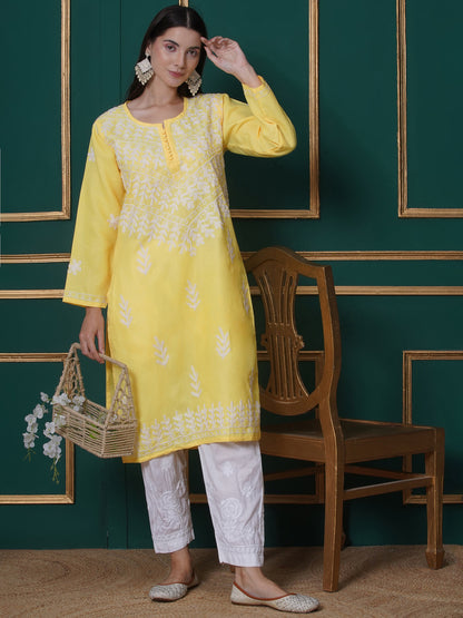 Combo Yellow Cotton Chikankari Kurti For Women and Chikankari Pant | 70% OFF Today By Saahiba