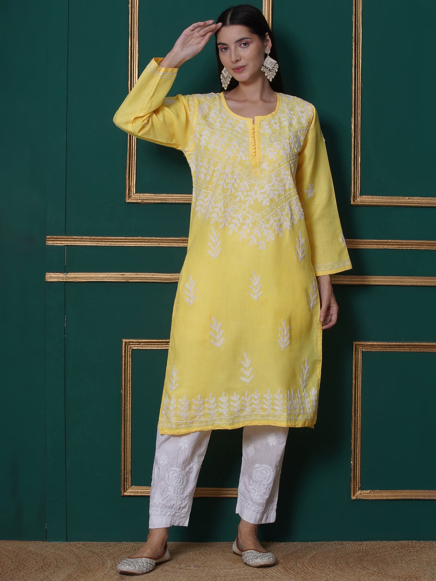 Combo Yellow Cotton Chikankari Kurti For Women and Chikankari Pant | 70% OFF Today By Saahiba