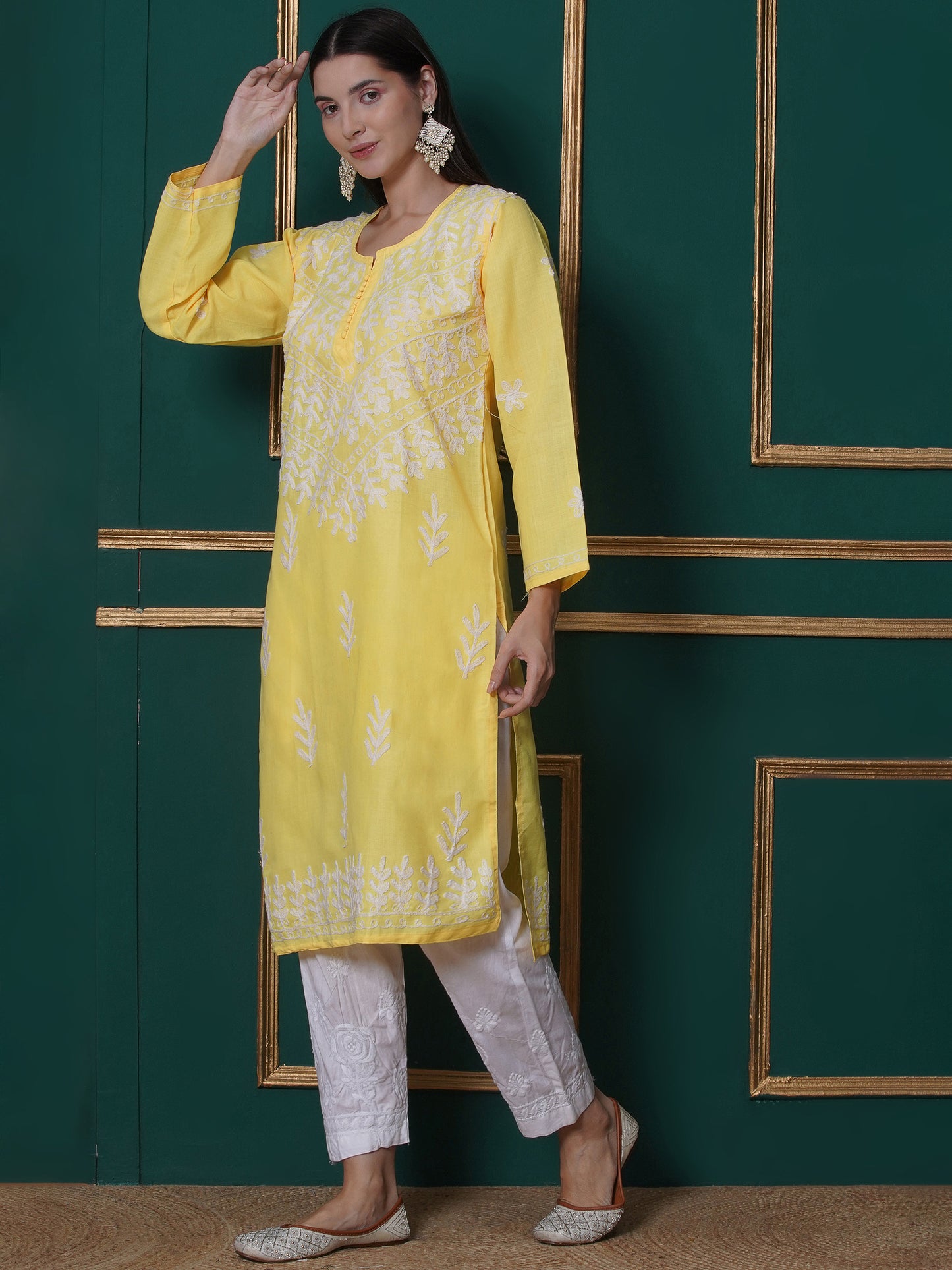 Combo Yellow Cotton Chikankari Kurti For Women and Chikankari Pant | 70% OFF Today By Saahiba