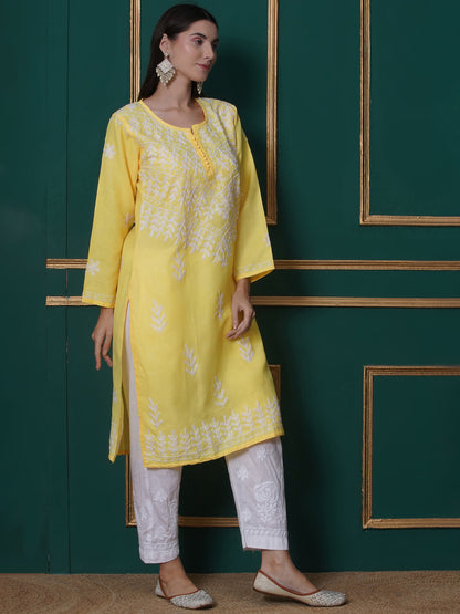 Combo Yellow Cotton Chikankari Kurti For Women and Chikankari Pant | 70% OFF Today By Saahiba