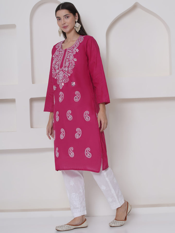 Dark Pink Cotton Chikankari Kurti For Women
