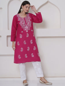 Dark Pink Cotton Chikankari Kurti For Women