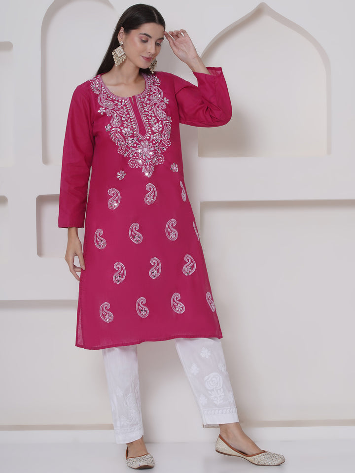 Dark Pink Cotton Chikankari Kurti For Women