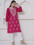 Dark Pink Cotton Chikankari Kurti For Women