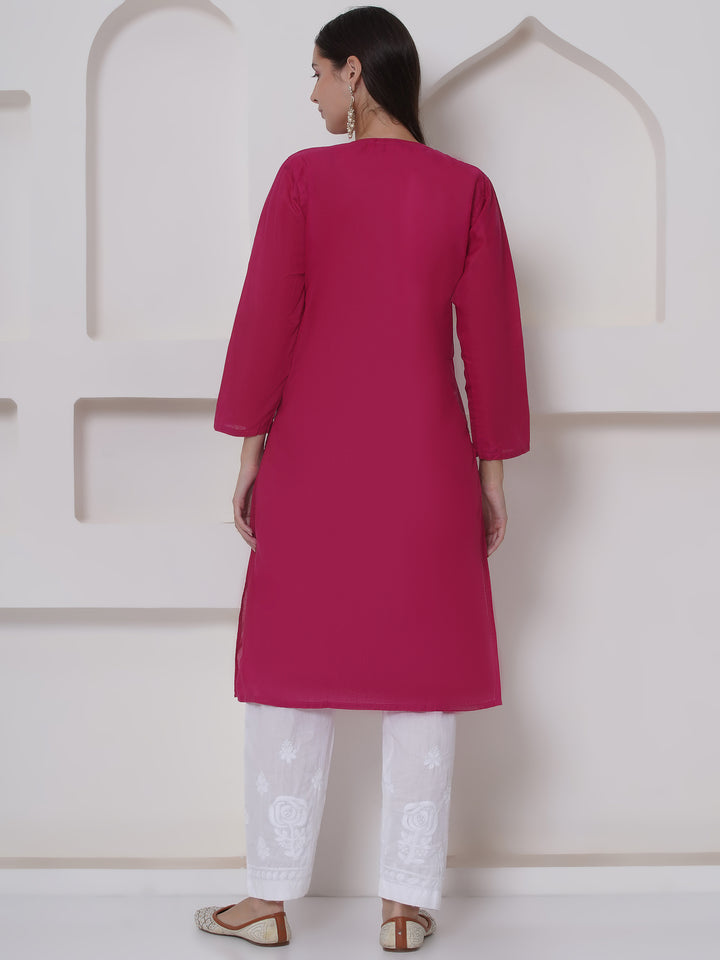 Dark Pink Cotton Chikankari Kurti For Women