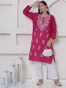 Dark Pink Cotton Chikankari Kurti For Women