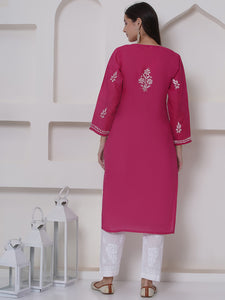 Dark Pink Cotton Chikankari Kurti For Women