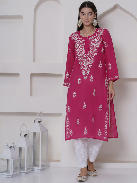 Dark Pink Cotton Chikankari Kurti For Women