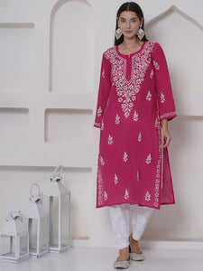 Dark Pink Cotton Chikankari Kurti For Women