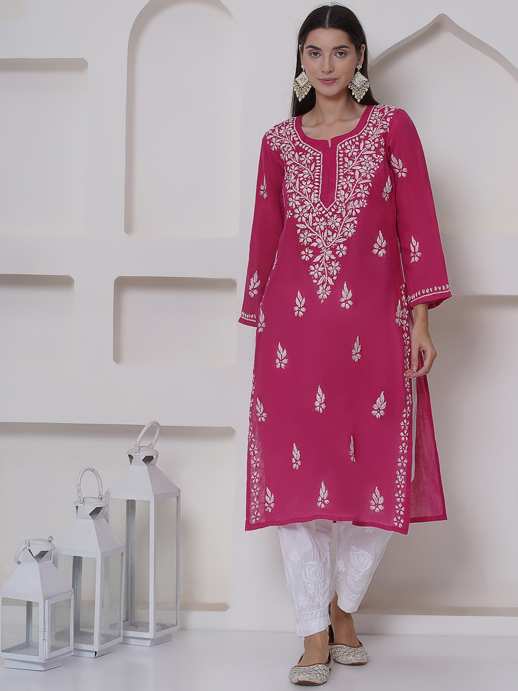 Dark Pink Cotton Chikankari Kurti For Women