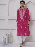 Dark Pink Cotton Chikankari Kurti For Women