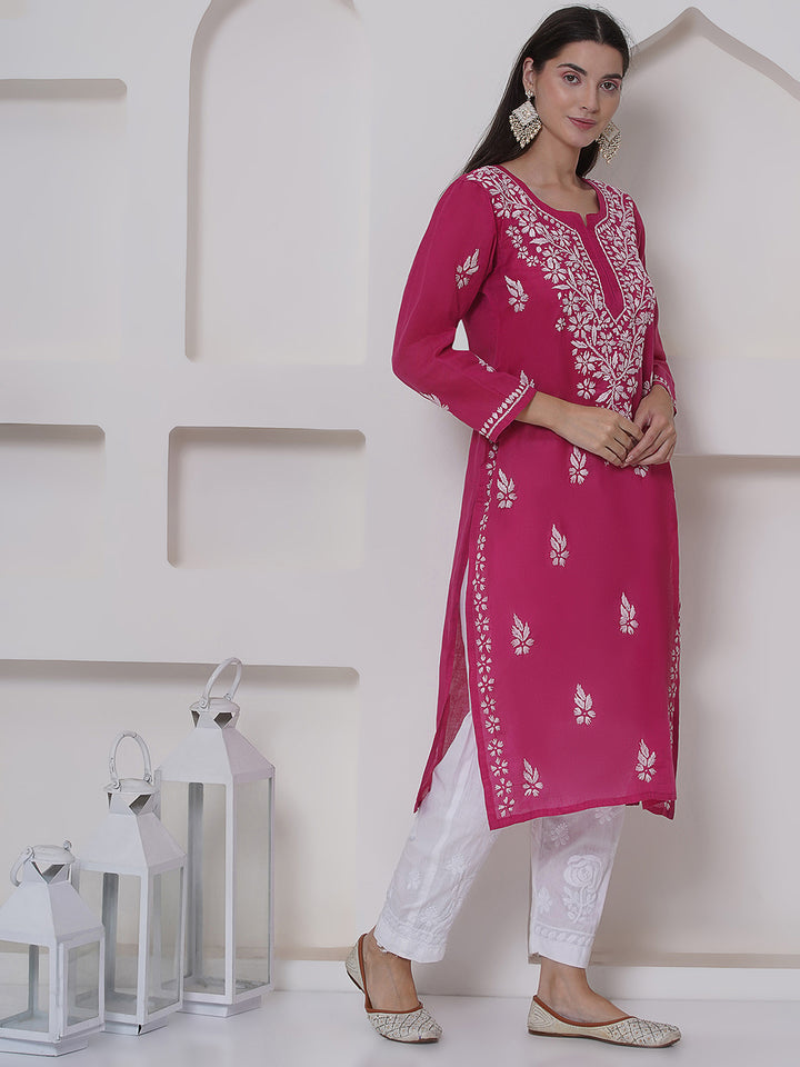 Dark Pink Cotton Chikankari Kurti For Women