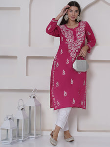 Dark Pink Cotton Chikankari Kurti For Women