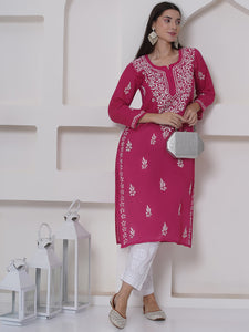 Dark Pink Cotton Chikankari Kurti For Women